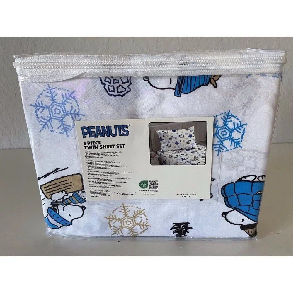 Peanuts Snoopy Puffy Coat TWIN SIZE Sheet Set Christmas Puffer Jacket White Blue